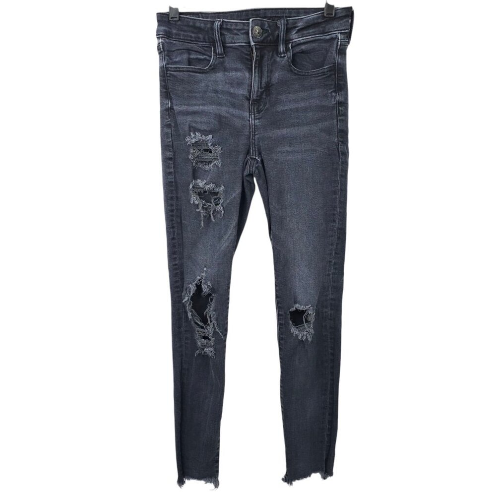 American Eagle Outfitters Hi Rise Jegging Women 4 Super Stretch Distressed Black